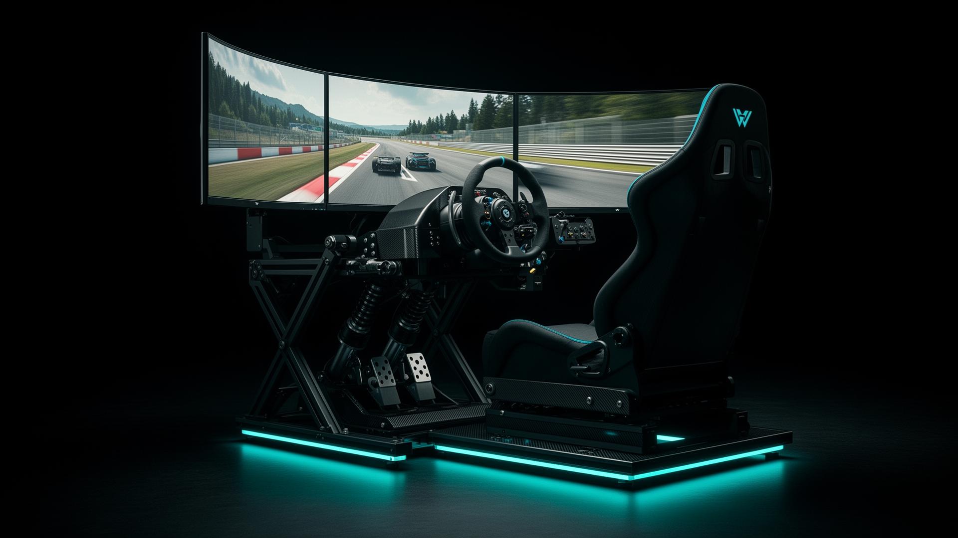 SIM IQ professional sim racing cockpit with triple monitors and direct-drive wheel