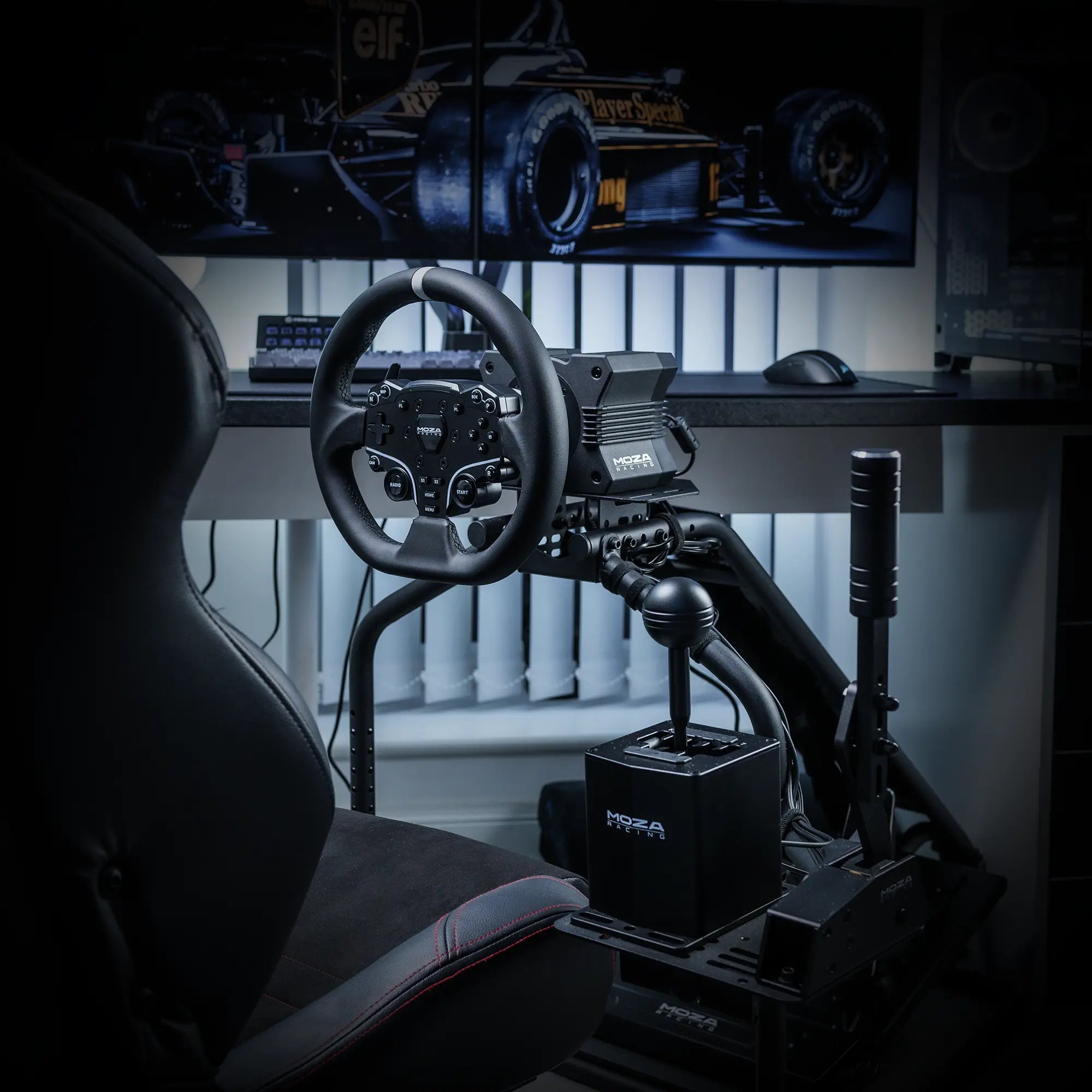 MOZA Racing sim cockpit with direct-drive wheelbase, racing wheel and sequential shifter